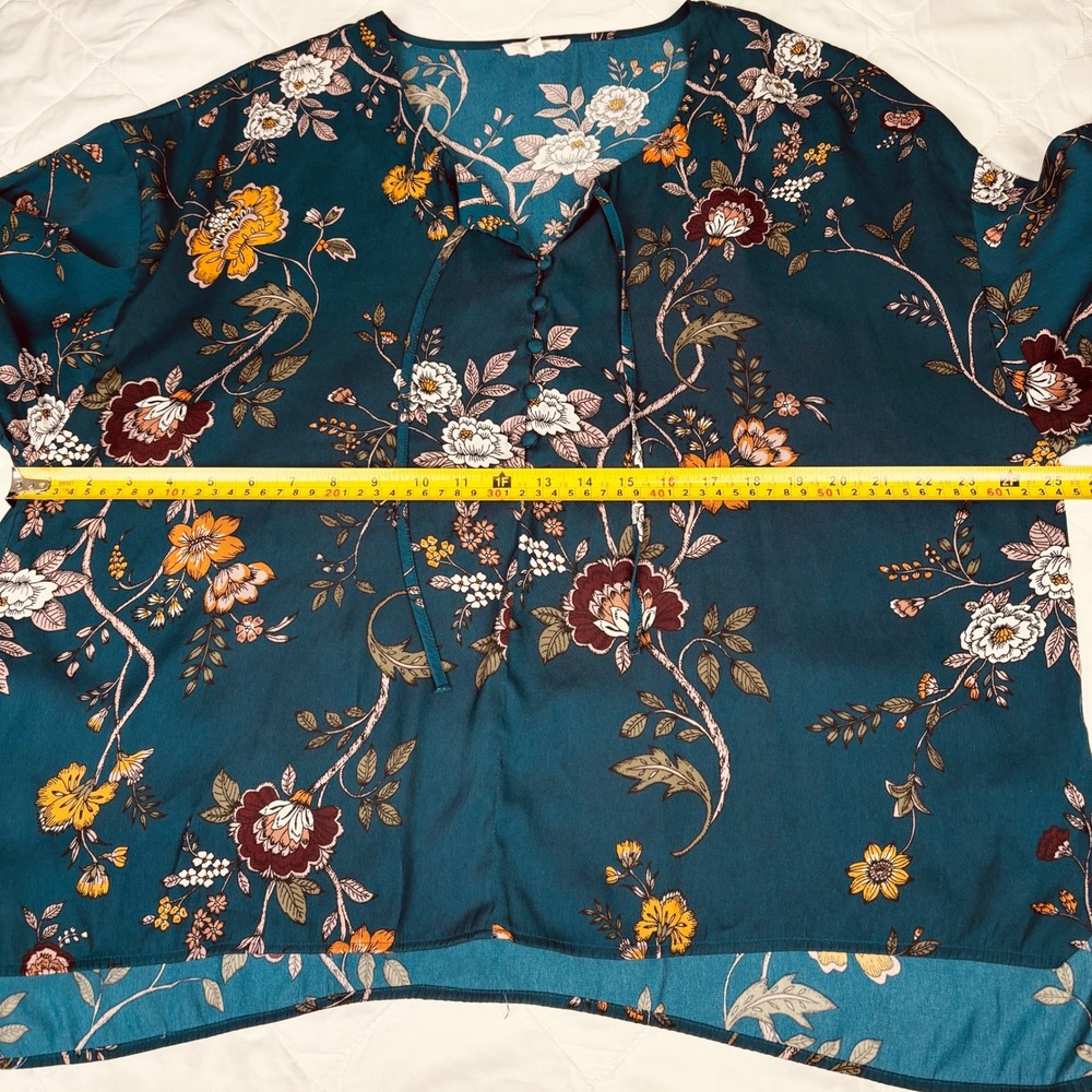 Maurices Floral Bell Sleeve Blouse Teal Tie Neck Button Front Women's‎ 2 - Picture 9 of 13